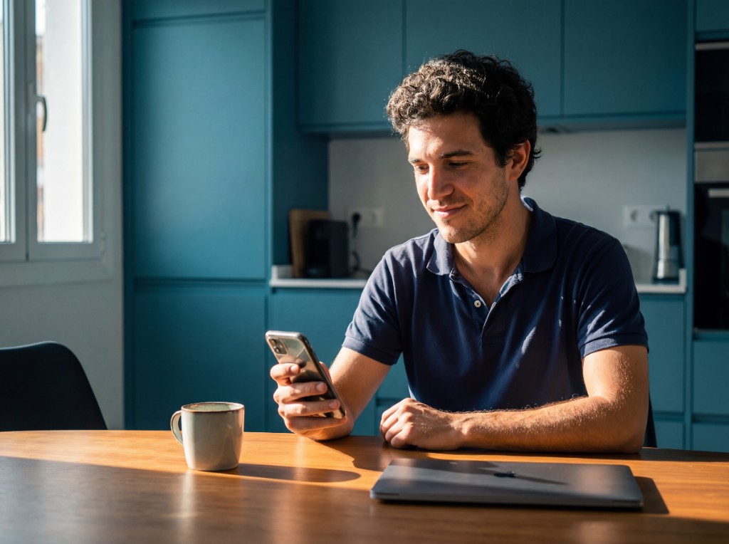 Mann am Küchentisch mit Smartphone beim Finanz-Check