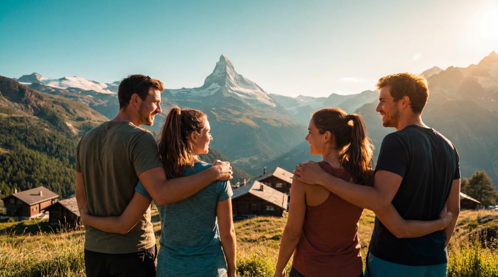 Vier Freunde mit Bergpanorama im Abendlicht